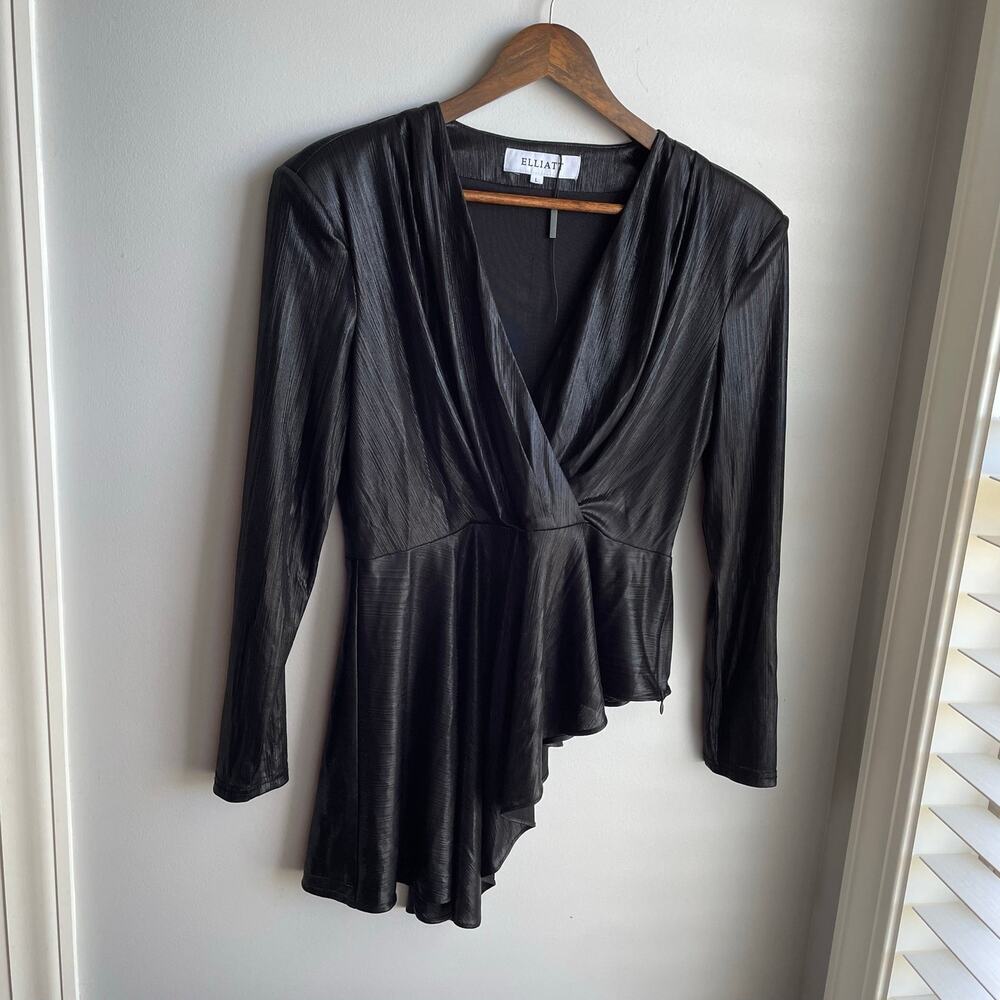 NWOT Elliatt Asymmetrical V-Neck Blouse Shimmery Leather Look size L